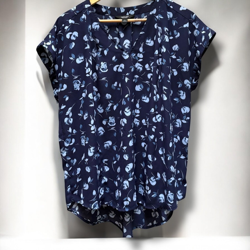 Navy & White Floral Print Cap Sleeve V-Neck Simply Vera Top Sz Large
